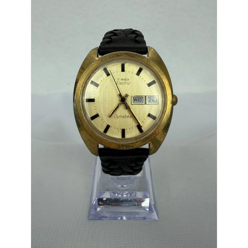 Vintage Timex Electric Dynabeat Gold Tone Day Date Watch Black Braided Leather